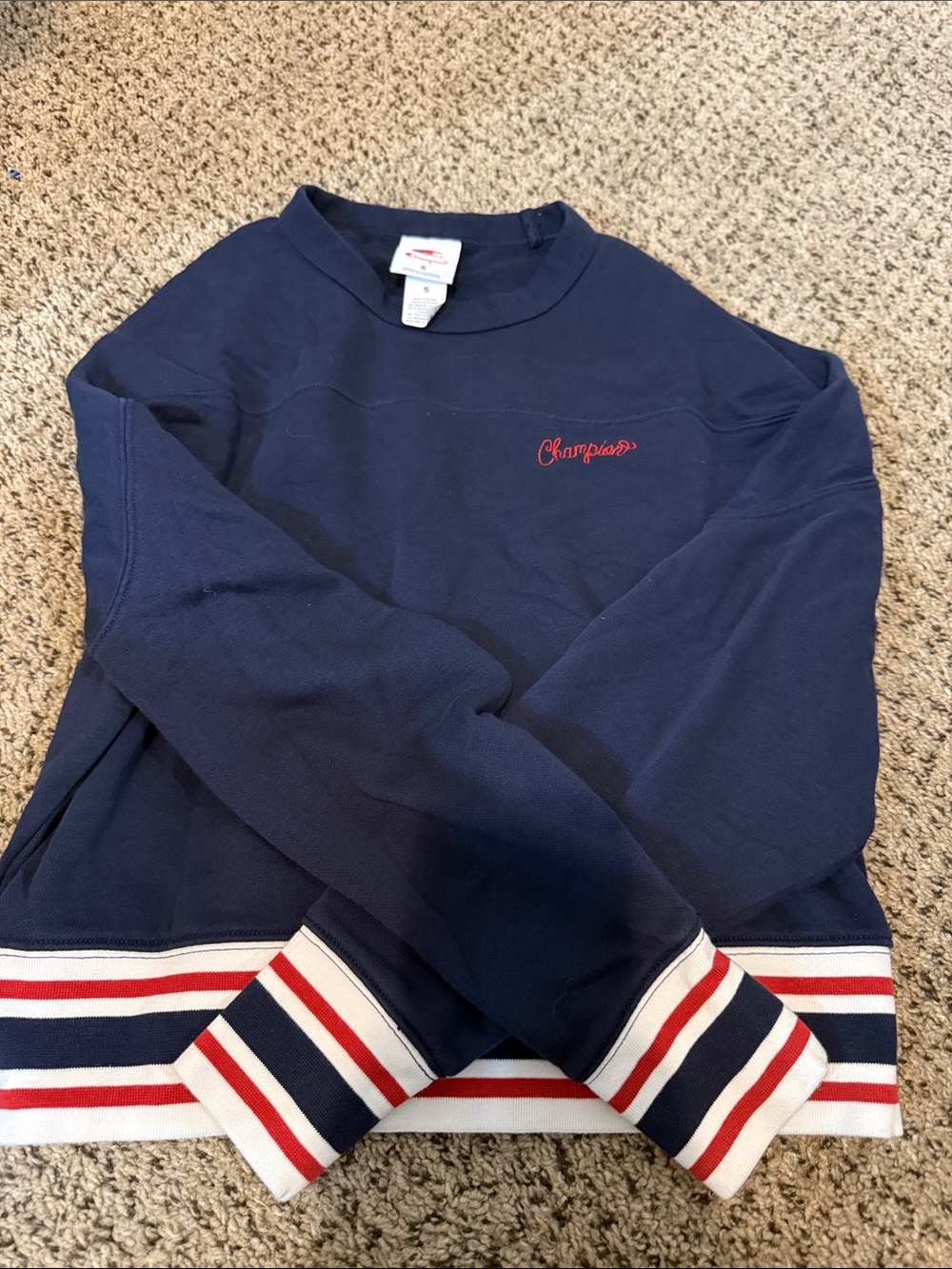 Champion Navy Crewneck Sweatshirt Striped Trim Size Small